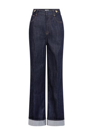 Hochgeschnittene dunkelblaue Denim-Jeans mit weitem Bein, umgeschlagenen Säumen, Fronttaschen und Knopfdetails am Bund.