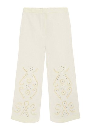 Pantalones anchos de color crema con cintura elástica, con un patrón simétrico de cuentas amarillas y plateadas a lo largo de la parte inferior de las piernas.
