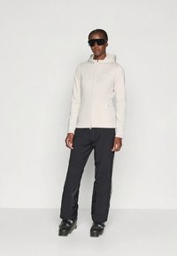 Jasnoszara bluza z kapturem i suwakiem, zestawiona z czarnymi spodniami z białymi bocznymi paskami oraz czarnymi butami narciarskimi. Gładka faktura na całej powierzchni.