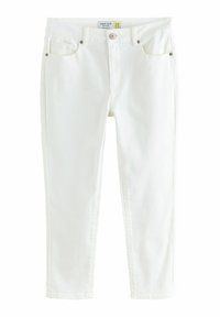White crop slim mid-rise jeans with front pockets, button closure, and belt loops, laid flat on a white background.