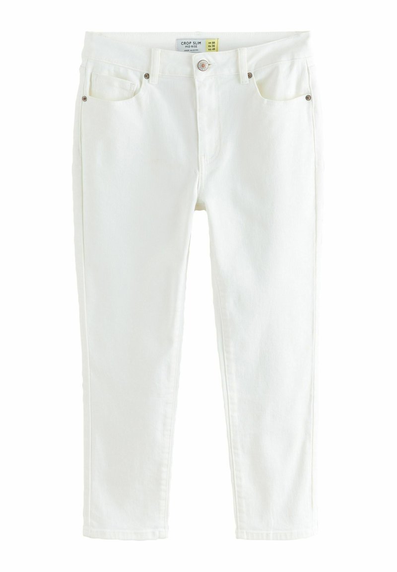 White crop slim mid-rise jeans with front pockets, button closure, and belt loops, laid flat on a white background.