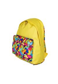 Yellow backpack with a colorful patterned front pocket featuring abstract designs in blue, green, pink, and orange. Made of durable fabric.