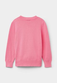 Rosa gestrickter Pullover mit rundem Halsausschnitt, langen Ärmeln und gerippten Bündchen sowie Saum. Weiche Textur und einfarbig ohne sichtbare Muster.