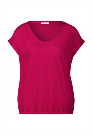 T-shirt magenta à manches courtes, en col rond, avec un ourlet élastique. Tissu lisse et léger avec une coupe décontractée, idéal pour une tenue décontractée.