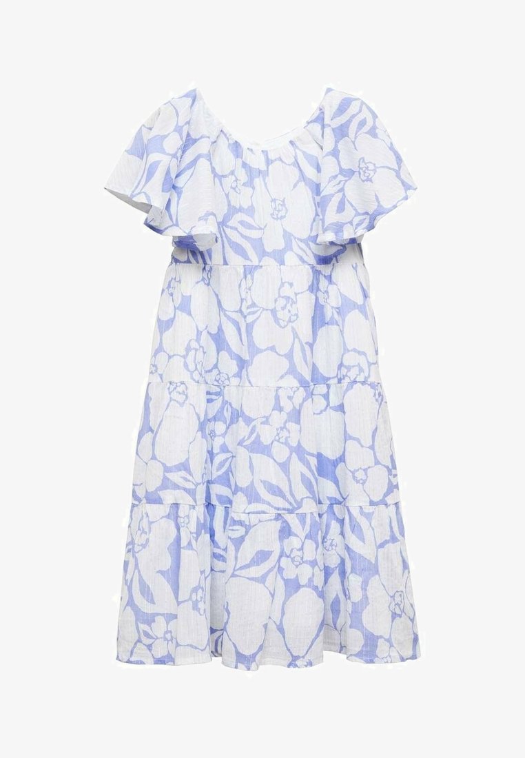 Robe fleurie blanche et lavande avec un décolleté volanté épaules nues et une jupe à volants, en tissu léger.