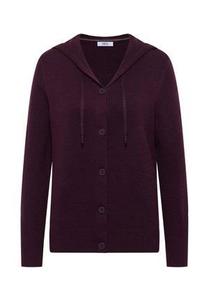 Mørk lilla strikket cardigan med hætte, frontknapper, ribbede manchetter og kant. Blød tekstur, afslappet design velegnet til lag-på-lag.