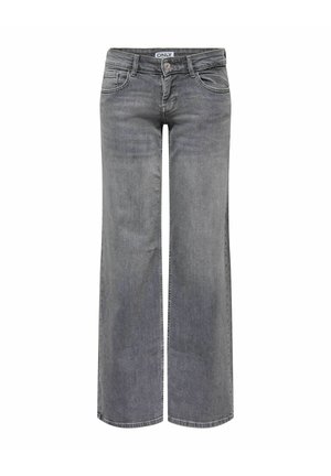 Jean gris à jambe large avec bouton et fermeture éclair à l'avant, passants pour ceinture, et design à cinq poches.