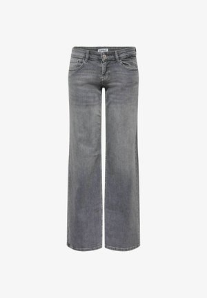 Jean gris à jambe large avec bouton et fermeture éclair à l'avant, passants pour ceinture, et design à cinq poches.