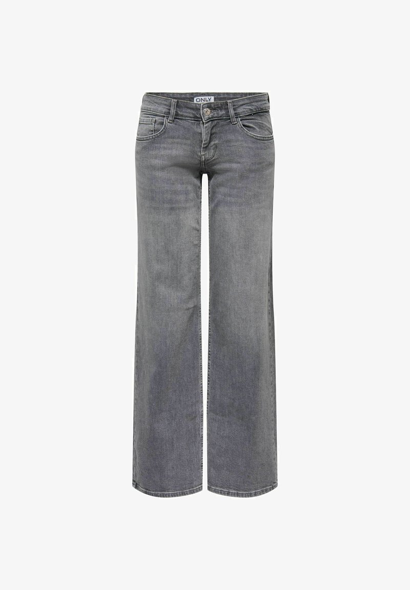 Jean gris à jambe large avec bouton et fermeture éclair à l'avant, passants pour ceinture, et design à cinq poches.