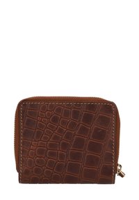 Brown leather wallet with a crocodile texture, featuring a zip enclosure and contrasting stitching along the edges. Compact rectangular shape.