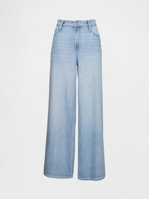 Jasnoniebieskie dżinsy typu wide-leg z denimu, z wysokim stanem, przednimi kieszeniami, zapięciem na guzik i lekko wyblakłym wykończeniem.