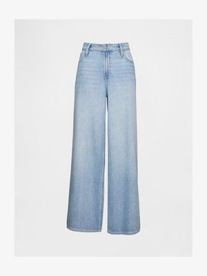 Heledsinise laia säärega teksad, mis on valmistatud denimist, kõrge vöökoha, ees olevate taskute, nööbiga sulgemise ja kergelt pleekinud viimistlusega.