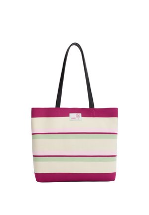 Borsa a tracolla a righe con fasce orizzontali magenta, crema, rosa e verde e manici neri, con una piccola toppa con logo palma.