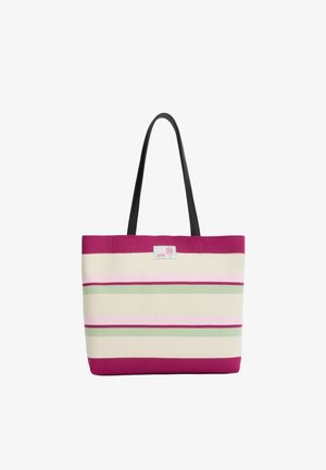 Sac fourre-tout rayé avec des bandes horizontales magenta, crème, rose et verte et des poignées noires, comportant un petit écusson logo palmier.