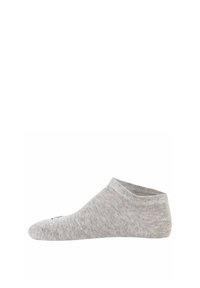 Grau ankle Socken aus einem weichen, strukturierten Stoff. Sie verfügen über ein niedrig geschnittenes Design mit einem gerippten Bund und einem kleinen gestickten Logo auf der Zehe.