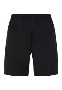 Zwarte shorts met elastische tailleband, een gladde textuur en een rechte snit. Bevat geen zichtbare zakken of patronen. Geschikt voor casual draag.