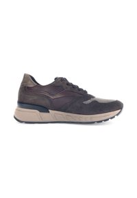 Dark brown athletic shoe featuring a mix of suede and mesh materials, textured accents, ergonomic sole, and contrasting lighter midsole.