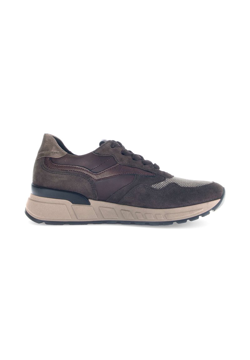 Dark brown athletic shoe featuring a mix of suede and mesh materials, textured accents, ergonomic sole, and contrasting lighter midsole.