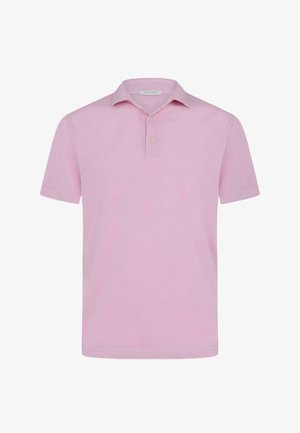 Jasnoróżowa koszulka polo z krótkim rękawem, dwoma guzikami i klasycznym kołnierzykiem, wykonana z miękkiej tkaniny, prezentowana na białym tle.