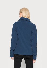 Navy blue fleece jacket with a high collar, long sleeves, and a relaxed fit. Smooth texture; no visible patterns or hardware details.