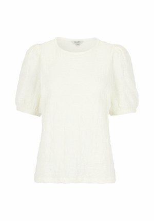 Blouse blanche texturée à manches courtes avec manches bouffantes et col rond, taille 34/36 de la marque Cellbes.