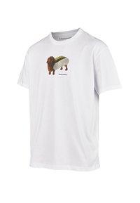 White cotton t-shirt featuring a playful brown dog graphic styled as a hot dog, with details of green toppings and a gray bun.