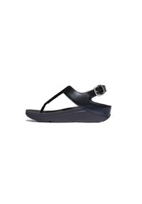 Zwarte platform sandalen met een glanzende afwerking, voorzien van een T-band ontwerp, een verstelbare enkelgesp en een getextureerde voetbed voor extra comfort.