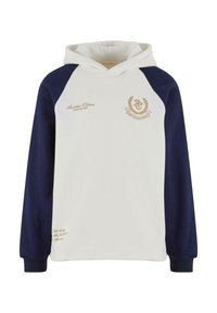 Sudadera con capucha en blanco con mangas raglán azul marino. Presenta detalles en texto y emblema dorados. Material de algodón suave, ajuste casual.