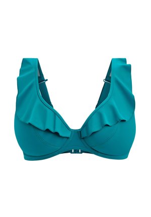 Teksturend boveonderdeel in petrolkleur met een gerimpelde halslijn, verstelbare bandjes en een haaksluiting aan de achterkant. Gemaakt van glad, rekbaar materiaal met vulling.