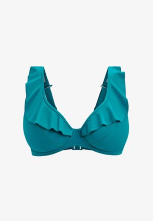 Top de bikini color azul verdoso con escote fruncido, tirantes ajustables y cierre de gancho en la parte trasera. Hecho de material liso y elástico con relleno.