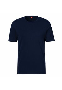 Marineblaue Baumwoll-T-Shirt mit kurzen Ärmeln, Rundhalsausschnitt und glatter Textur. Verfügt über ein kleines rotes Etikett am Kragen.