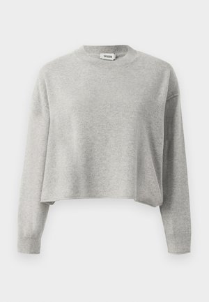 Hellgrauer, beschnittener Pullover mit langen Ärmeln, gerippten Bündchen und Rundhalsausschnitt, aus weichem Strickstoff gefertigt.