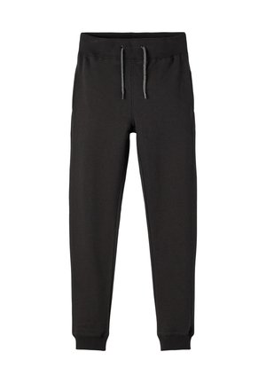 Pantaloni jogger neri a gamba stretta con vita elastica e lacci grigi, con polsini a coste alle caviglie.