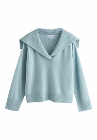 Gaiši zilas krāsas džemperis no mīksta auduma, ar lielu V veida kakla izgriezumu un ribotu aproci un apakšu. Garas piedurknes ar nolaistām pleciem.