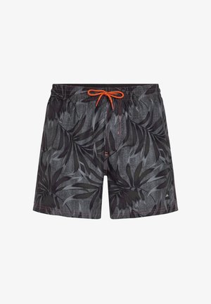 Melni peldbikses ar smalku pelēku tropisko lapu rakstu, kas aprīkotas ar oranžu auklu un kontrastējošu dūrienu. Izgatavotas no viegla auduma.