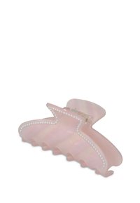 Haarclip in Pink, aus glänzendem Kunststoff, mit welligem Design, sechs Zähnen und einem perlenähnlichen Akzent entlang der Kante.