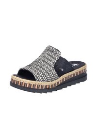 Zwart-witte geweven sandaal met een dikke espadrille-achtige zool, een gestructureerde bovenkant en zwarte zijaccenten. Rubberen zool voor grip.