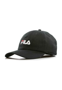 Gorra de béisbol negra con un logo bordado de FILA en blanco y rojo. Material de algodón suave, visera curvada y correa ajustable en la parte posterior.