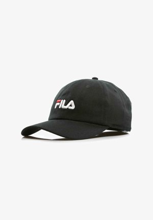 Cappellino da baseball nero con logo FILA ricamato in bianco e rosso. Materiale in cotone morbido, visiera curvata e strap regolabile sul retro.