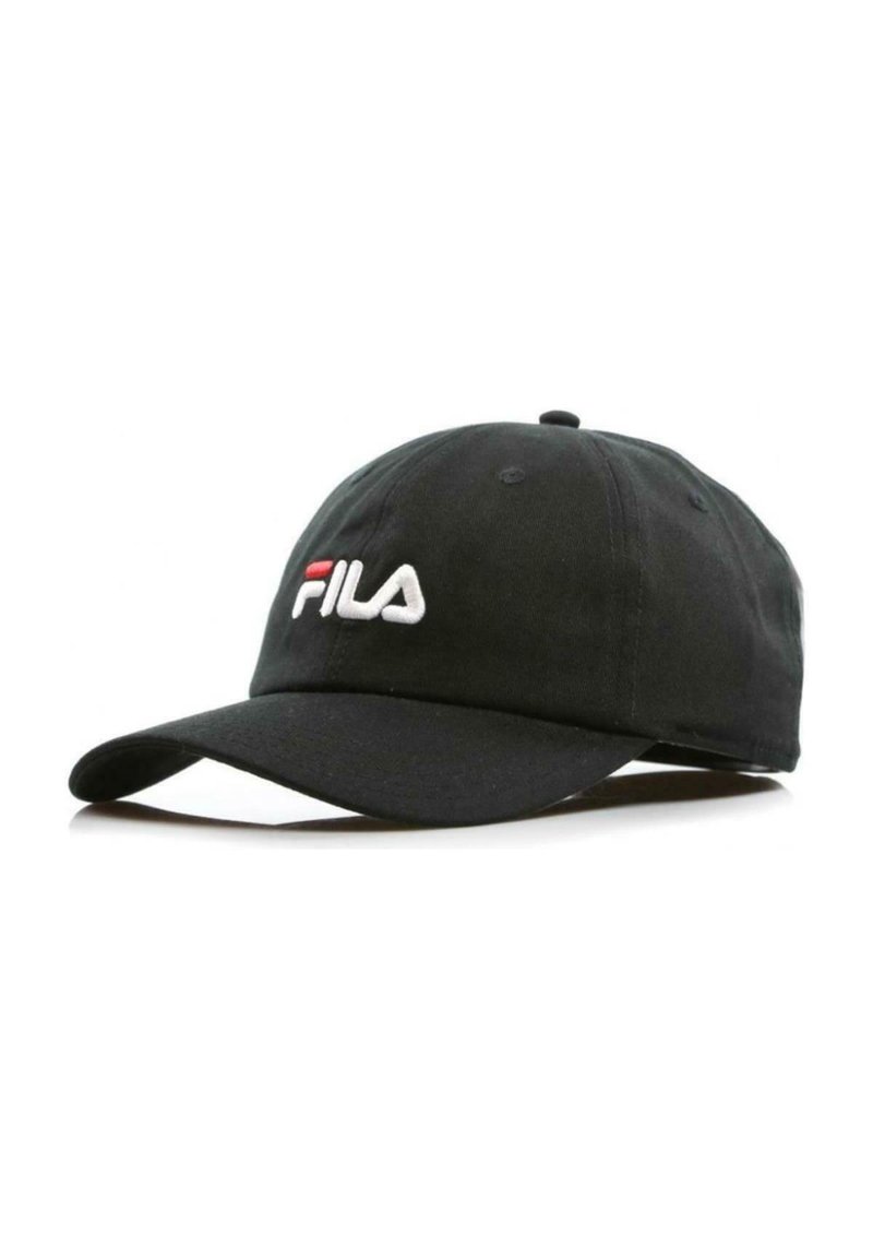 Gorra de béisbol negra con un logo bordado de FILA en blanco y rojo. Material de algodón suave, visera curvada y correa ajustable en la parte posterior.