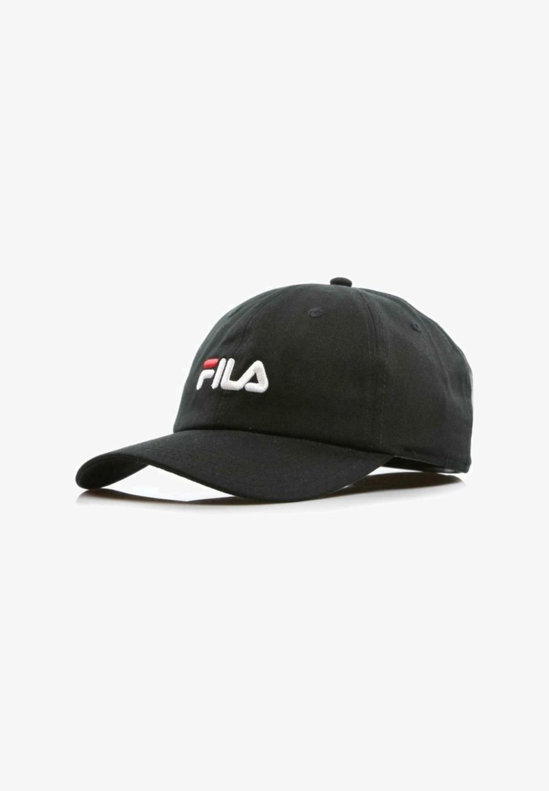 Cappellino da baseball nero con logo FILA ricamato in bianco e rosso. Materiale in cotone morbido, visiera curvata e strap regolabile sul retro.
