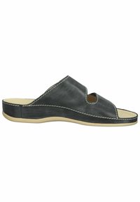 Infradito in pelle nera con punta aperta e design intagliato, caratterizzato da cuciture bianche a contrasto e suola in gomma beige.