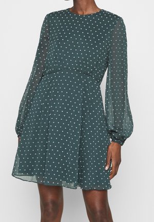 Ciemnozielona sukienka z długim rękawem z przezroczystej tkaniny z białymi wzorami serc, z dopasowaną talią i luźną spódnicą sięgającą nad kolana.