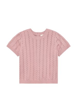 Lyserød strikket kortærmet sweater med diamantstrikkemønster, ribbet halsudskæring og kant samt en blød tekstur.