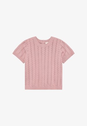 Lyserød strikket kortærmet sweater med diamantstrikkemønster, ribbet halsudskæring og kant samt en blød tekstur.