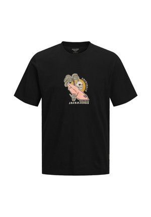T-shirt noir avec un graphisme d'un crâne tenant une planche de surf rose devant des palmiers et le texte "Originals Worldwide Jack & Jones."
