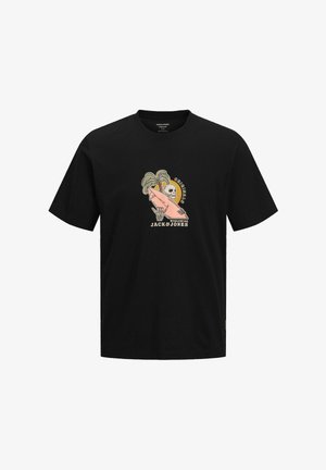T-shirt noir avec un graphisme d'un crâne tenant une planche de surf rose devant des palmiers et le texte "Originals Worldwide Jack & Jones."