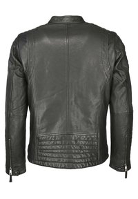 Schwarze Leder-Motorradjacke mit glatter Textur, gesteppte Akzente auf dem Rücken und Reißverschlüssen an den Handgelenken. Minimalistisches Design, taillierte Form.