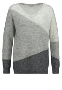 Maglione a V in maglia con maniche lunghe, caratterizzato da tre blocchi di colore diagonali: grigio chiaro, grigio medio e grigio scuro.