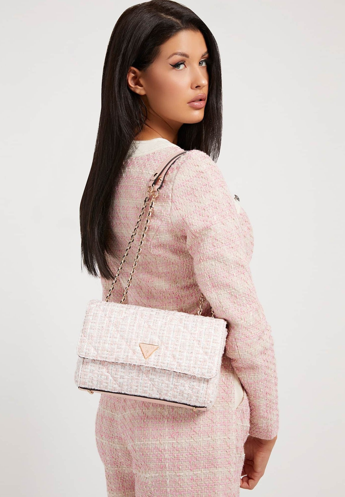 Borsa a spalla convertibile Cessily Tweed Black Multi Guess | Bagalier.com